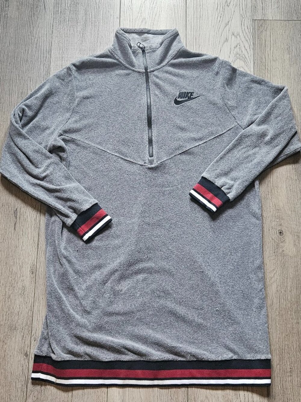 Nike Gray Terry Cloth Pullover Dress Long Sleeve 1/4 Zip Ribbed Trim Size L
